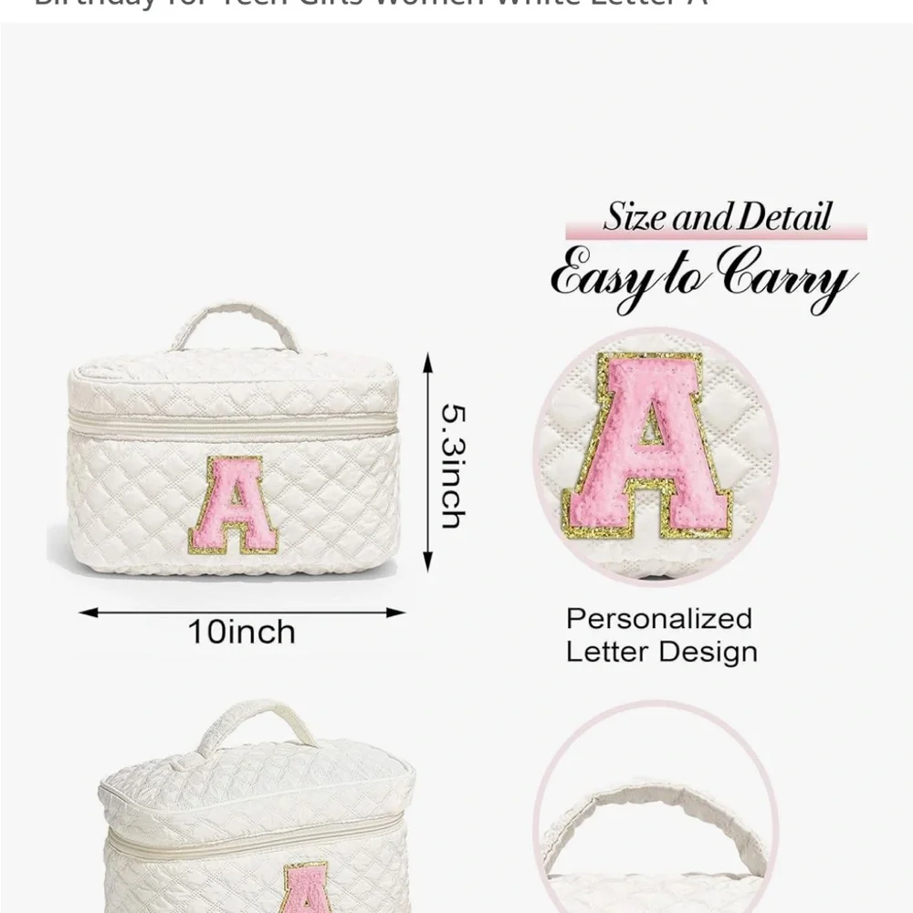 Quilted White Cosmetic Bag‎ with Pink Initial
